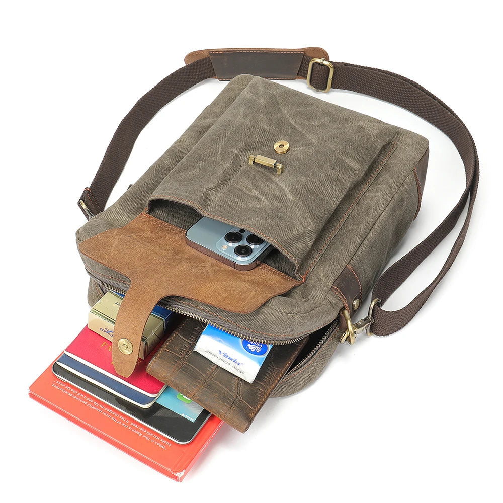 Men's Washed Canvas Crossbody Bag-Messenger Bag-Army Green-Free Shipping Leatheretro
