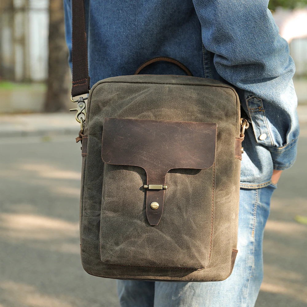 Men's Washed Canvas Crossbody Bag-Messenger Bag-Army Green-Free Shipping Leatheretro