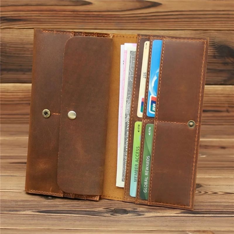Men's Vintage Pull-Up Leather Long Wallet - Large Capacity Cowhide Clutch-Wallets & Money Clips-Reddish Brown-Free Shipping Leatheretro