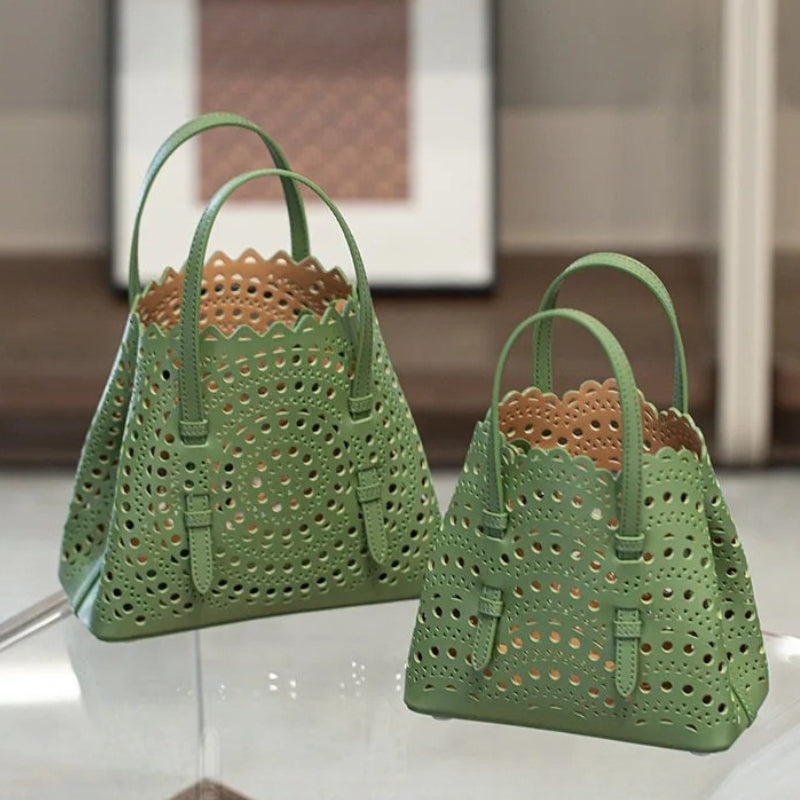 French Handmade Cowhide Leather Tote Bag - Vegetable Basket Versatile Handbag-Shopper Bag-Mung Bean Color-Width 18 cm * Height 16 cm * Depth 8.5 cm-Free Shipping Leatheretro