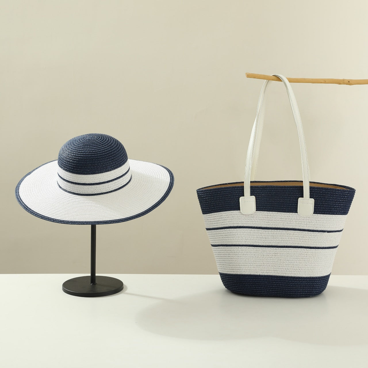 Handmade Designer Beach Straw Hat and Bag Set for Women-Tote Bag-Dark Blue-Free Shipping Leatheretro