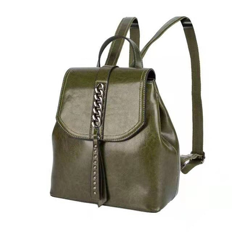 New Oil Wax Cowhide Women Rucksack-Backpacks-Green-Free Shipping Leatheretro