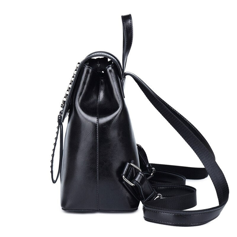 New Oil Wax Cowhide Women Rucksack-Backpacks-Black-Free Shipping Leatheretro