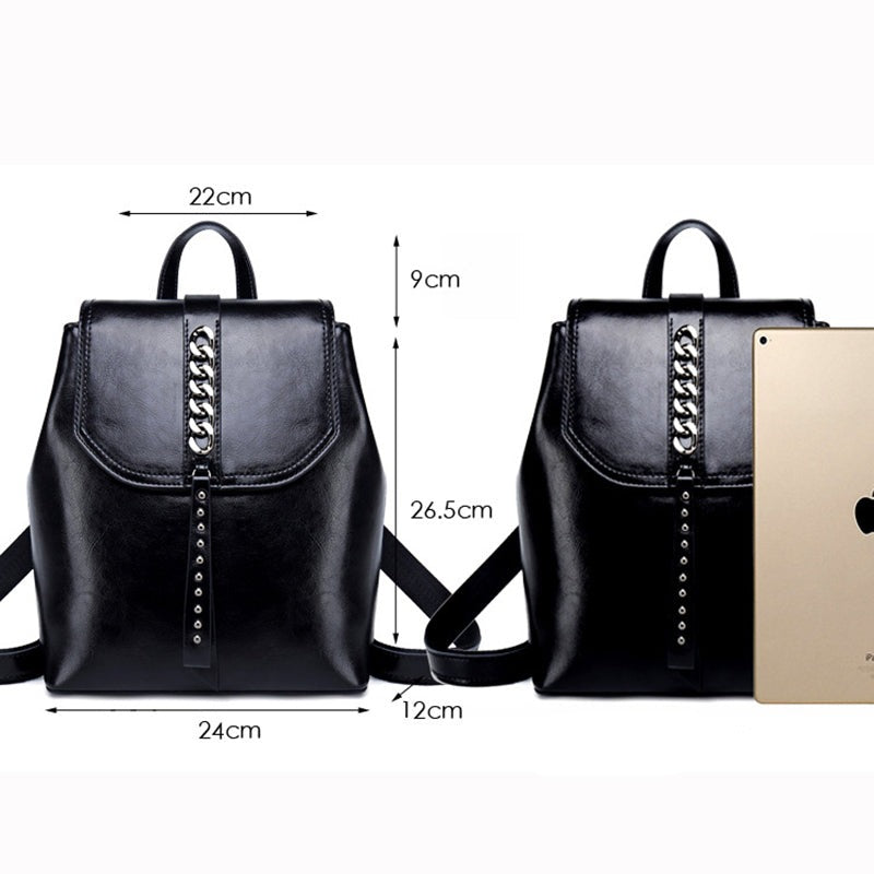 New Oil Wax Cowhide Women Rucksack-Backpacks-Black-Free Shipping Leatheretro