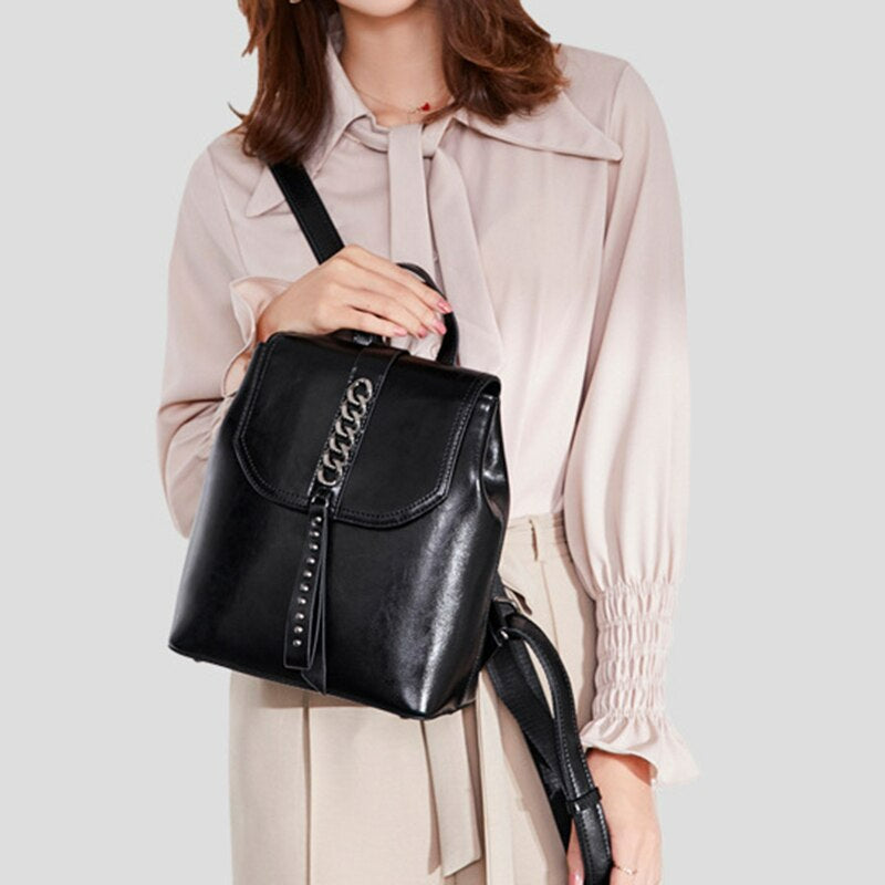 New Oil Wax Cowhide Women Rucksack-Backpacks-Black-Free Shipping Leatheretro