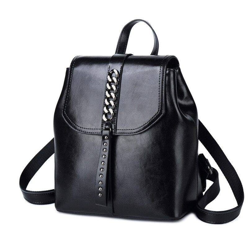 New Oil Wax Cowhide Women Rucksack-Backpacks-Black-Free Shipping Leatheretro