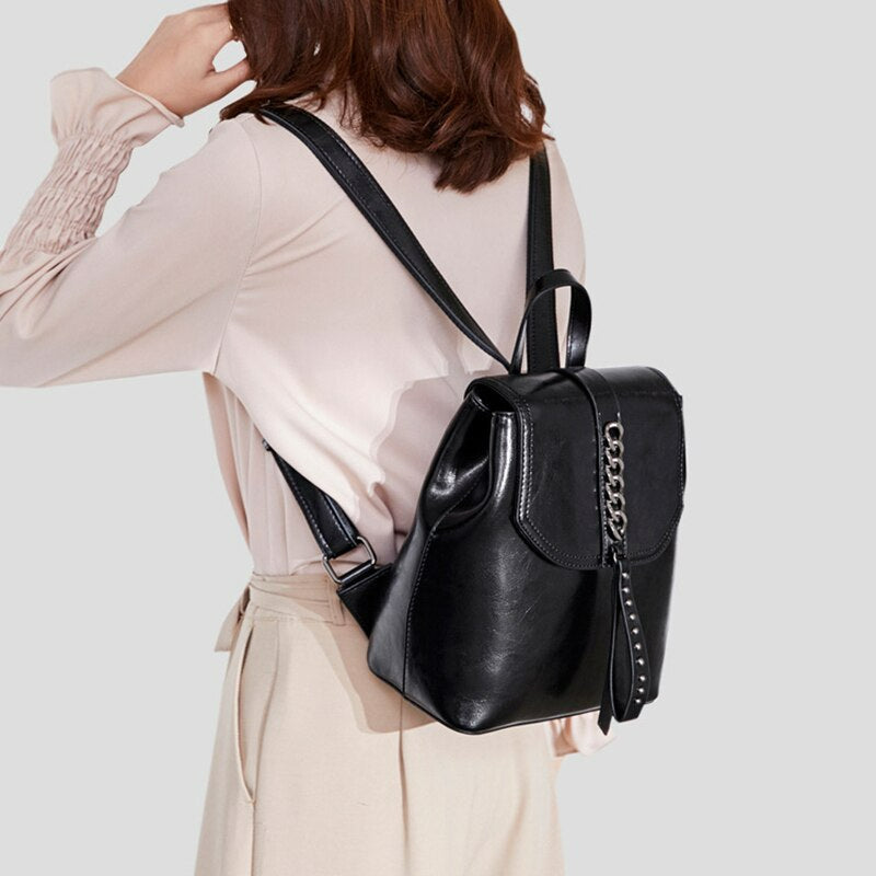 New Oil Wax Cowhide Women Rucksack-Backpacks-Black-Free Shipping Leatheretro