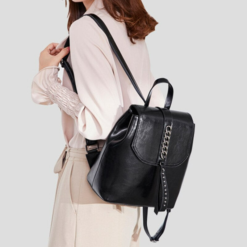 New Oil Wax Cowhide Women Rucksack-Backpacks-Black-Free Shipping Leatheretro