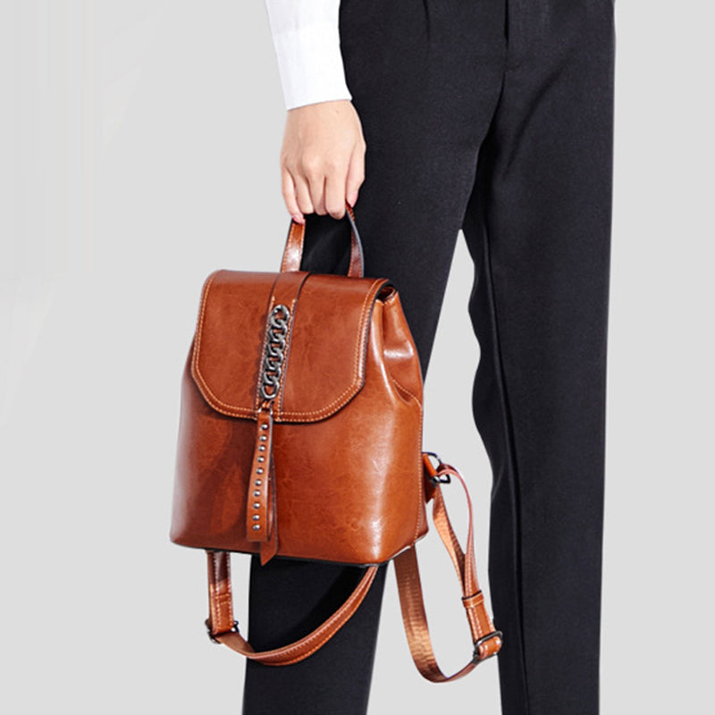 New Oil Wax Cowhide Women Rucksack-Backpacks-Black-Free Shipping Leatheretro