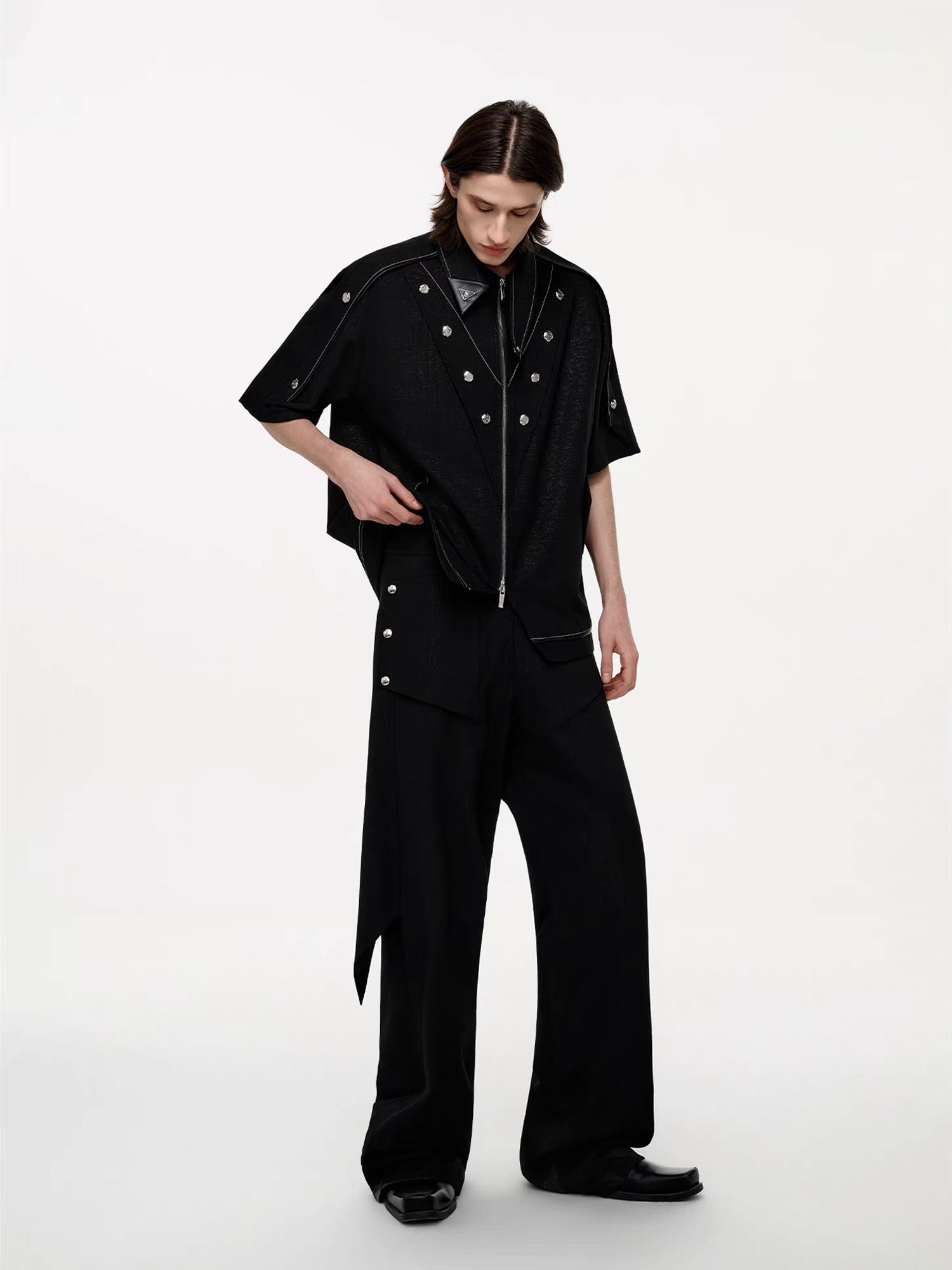TIWILLTANG Studded Trim Zip-Up Half Shirt-T Shirt-S-Free Shipping Leatheretro
