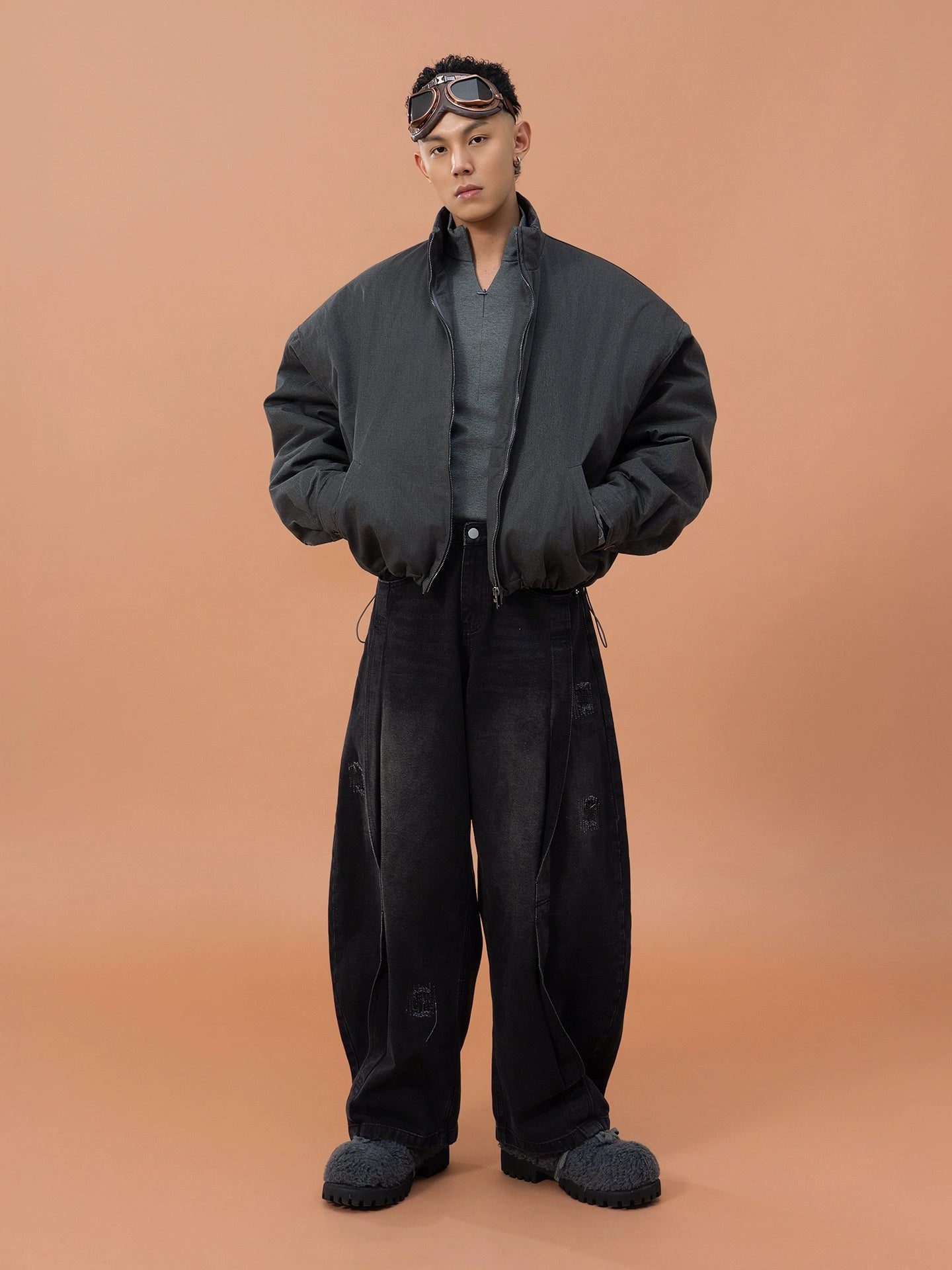 CLP Gray Oversized Sherpa-Lined Jacket for Men-Gray-M-Free Shipping Leatheretro