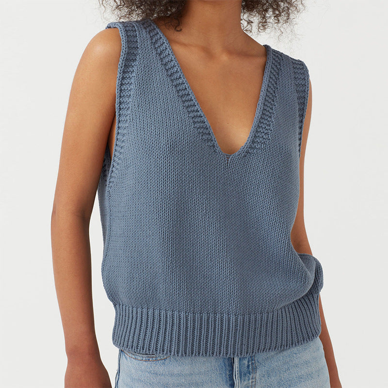 Sexy V Neck Sleeveless Knitted Vest-Vests-Light Blue-S-Free Shipping Leatheretro