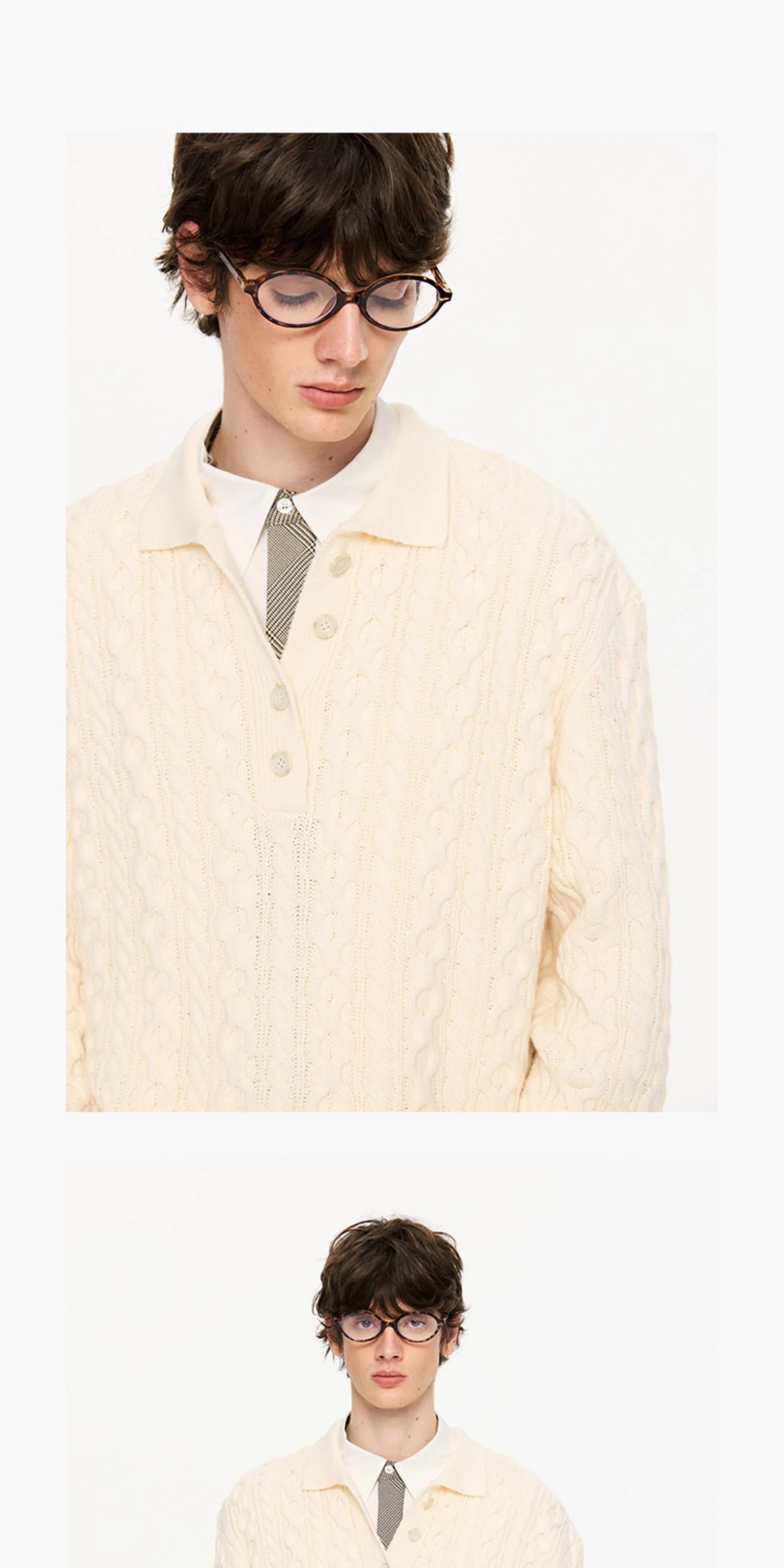 KREATE Textured Cable-Knit Polo Sweater-Ivory-S-Free Shipping Leatheretro
