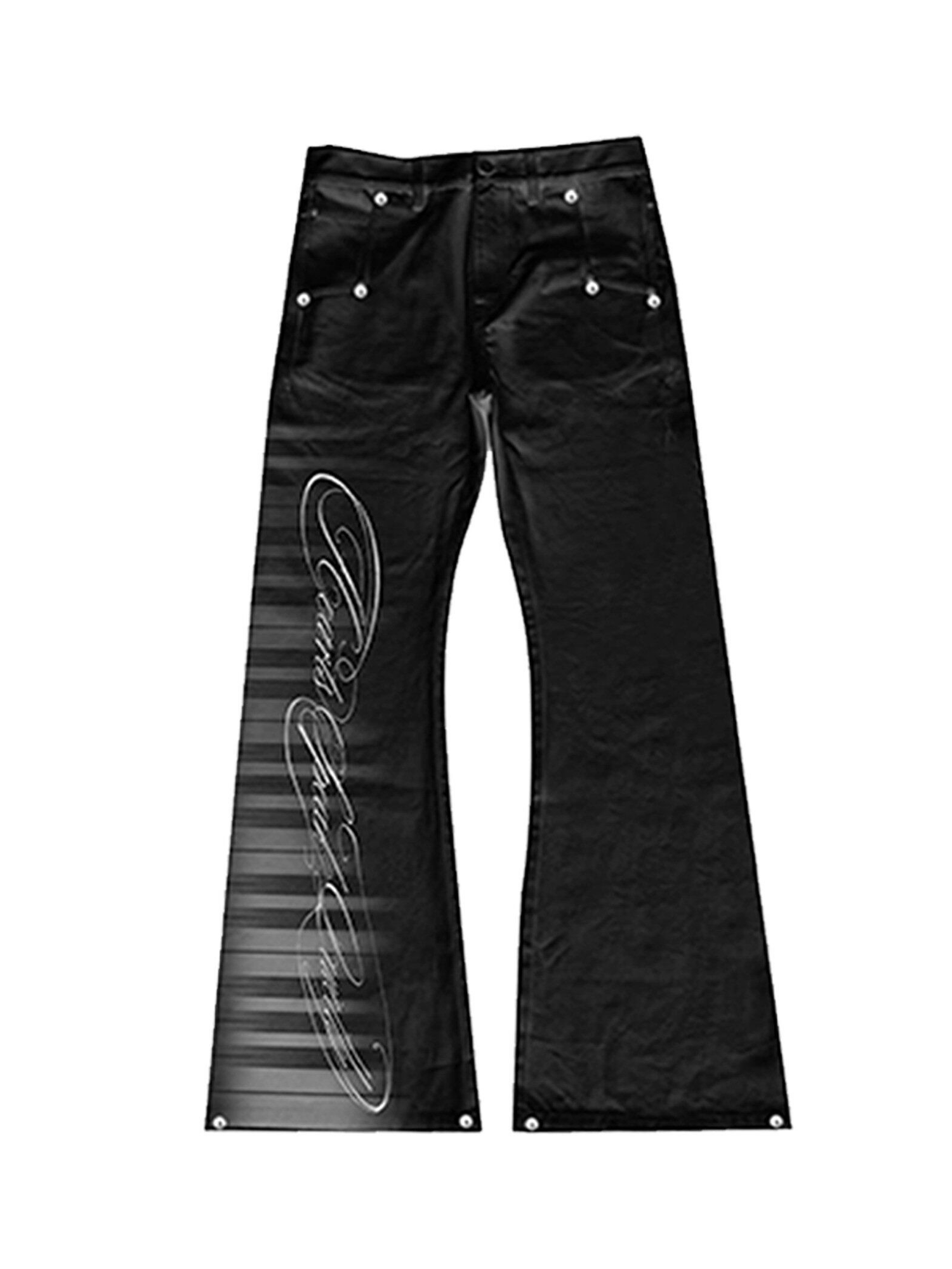 PAIKI Piano Key Script Foil Flared Jeans-Jeans-S / 31"-Black (Preorder)-Free Shipping Leatheretro