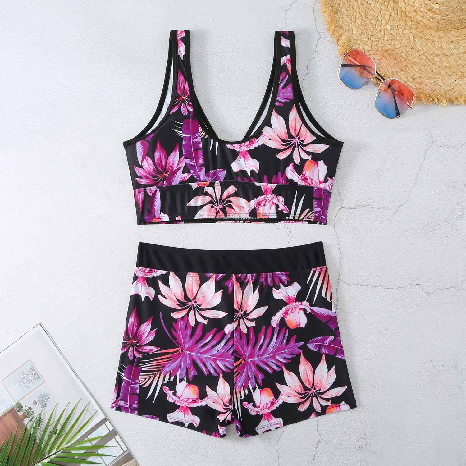 Sexy Floral Print Summer Boxer Swimsuits-Swimwear-Purple-S-Free Shipping Leatheretro