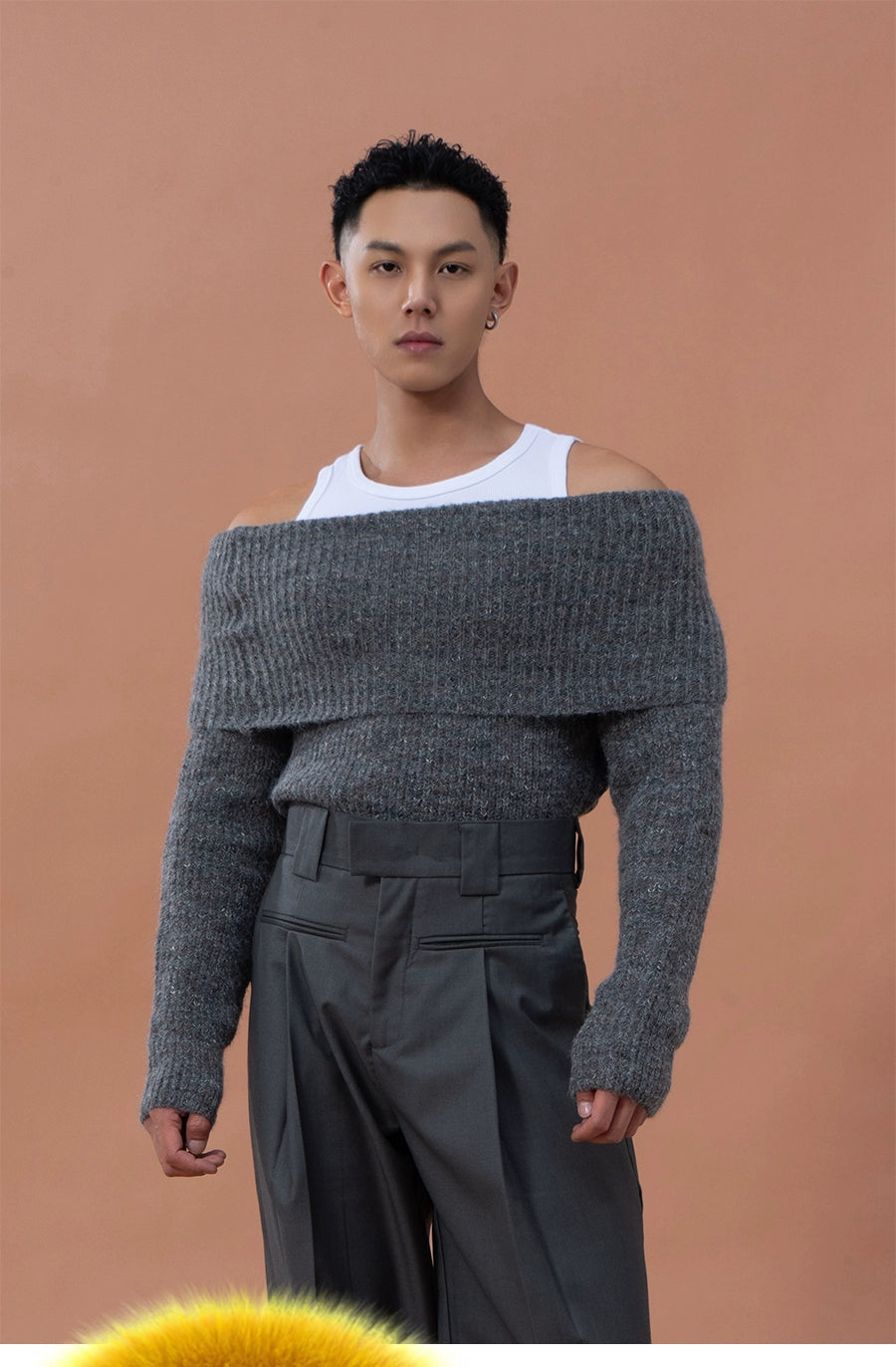 CLP Grey Off-Shoulder Wool Sweater | Relaxed Fit Ribbed Knit-Sweater-Gray-S-Free Shipping Leatheretro