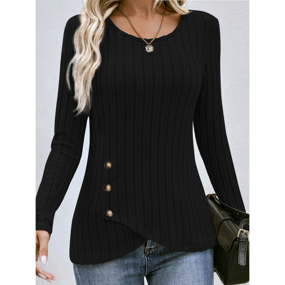 Fashion Round Neck Autumn Long Sleeves Shirts-Shirts & Tops-Black-S-Free Shipping Leatheretro