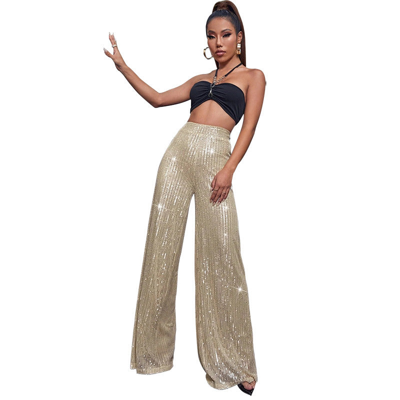 Fashion High Waist Sequin Summer Wide Legs Pants-Pants-Apricot-S-Free Shipping Leatheretro