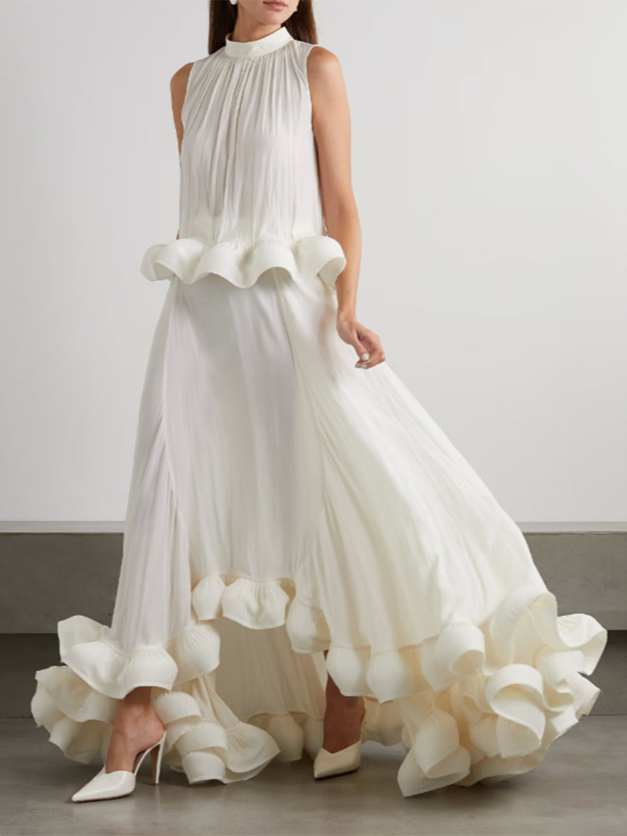 Luxury Designed Ruffled Sleeveless Two Pieces Dress Suits-Dresses-Ivory-S-Free Shipping Leatheretro