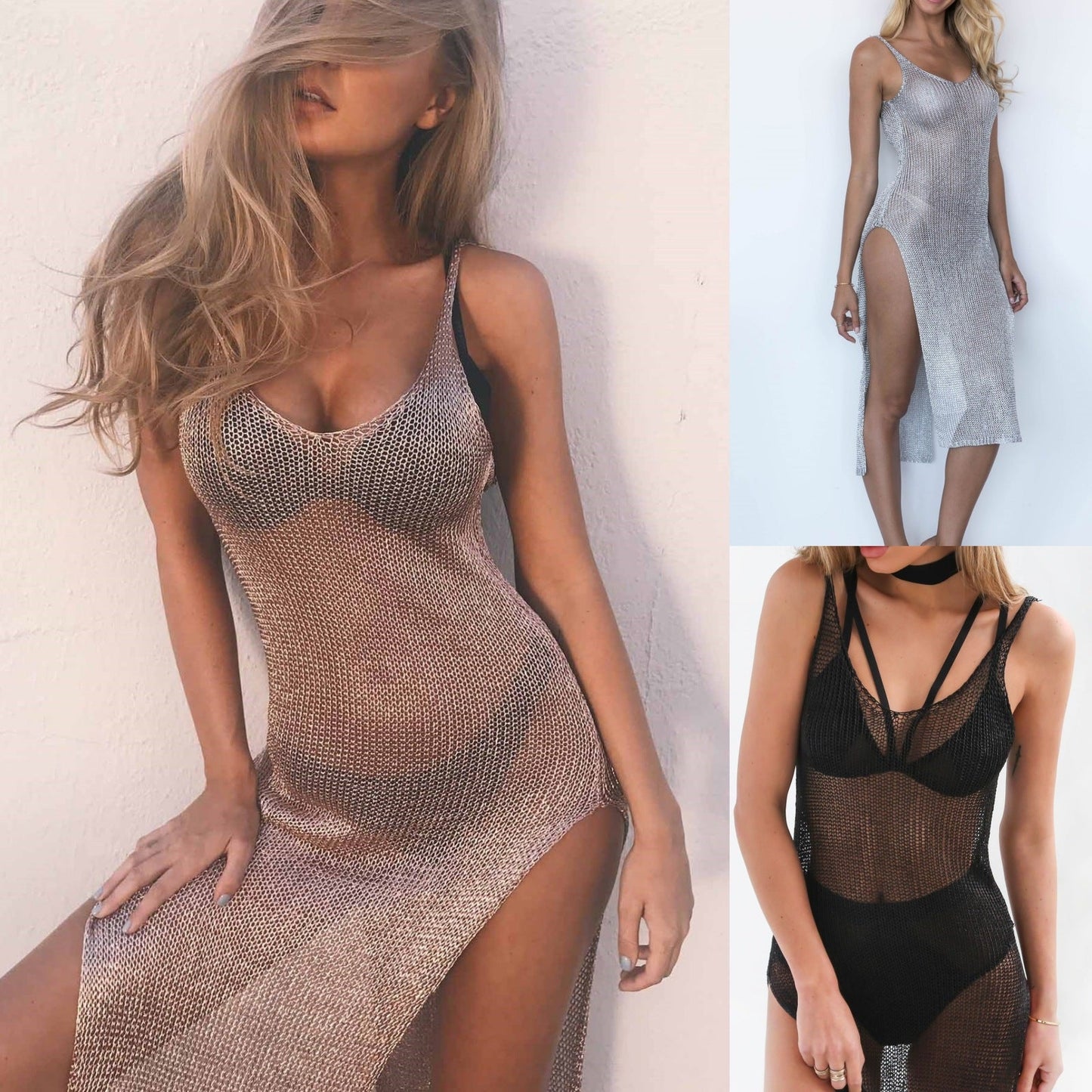 Sexy See Through Net Sleeveless Bikini Dresses-Dresses-Gold-S-Free Shipping Leatheretro