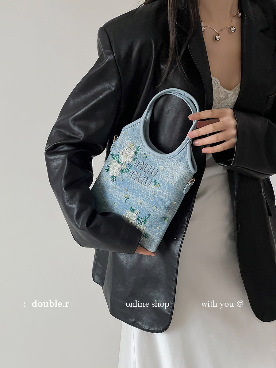 Embroidery Denim Tote Bag – Stylish Women’s Handheld, Shoulder & Crossbody Purse-blue-Free Shipping Leatheretro