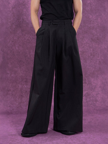 CLP Black Striped Relaxed-Fit Pants with Elastic Waist-Black-S-Free Shipping Leatheretro