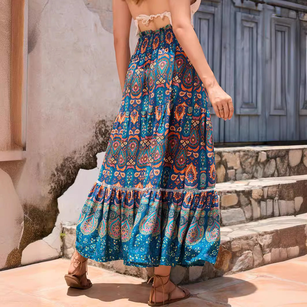 Bohemian Exotic Women Midi Skirts-Skirts-Peacock Blue-S-Free Shipping Leatheretro