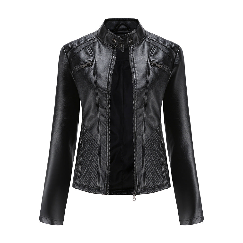 Women Casual Faux Leather Stand Collar Jacket-black-EU(XS)-Free Shipping Leatheretro
