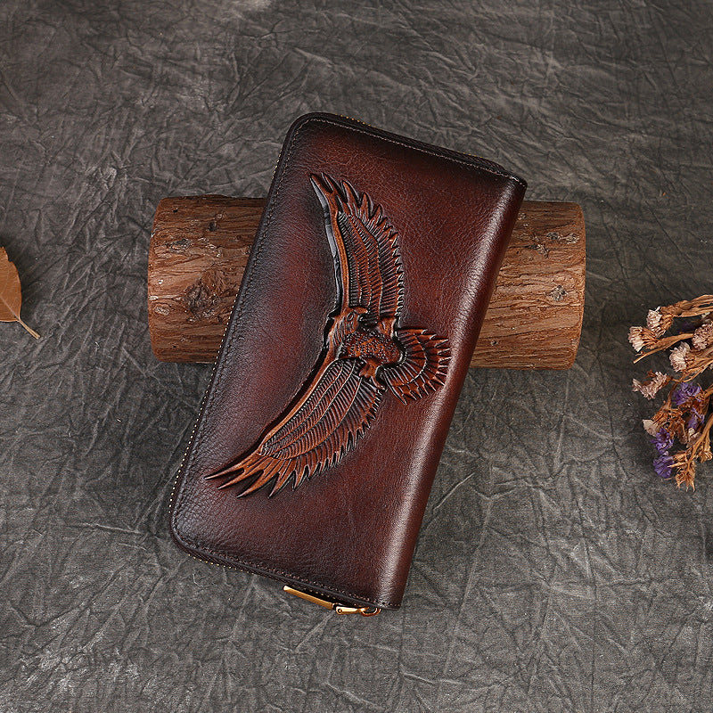 Full-Grain Leather Unisex Wallet - Multi-Card Slots, Eagle Design Spacious Design & Phone Pocket-Handbags, Wallets & Cases-Dark Brown-Free Shipping Leatheretro