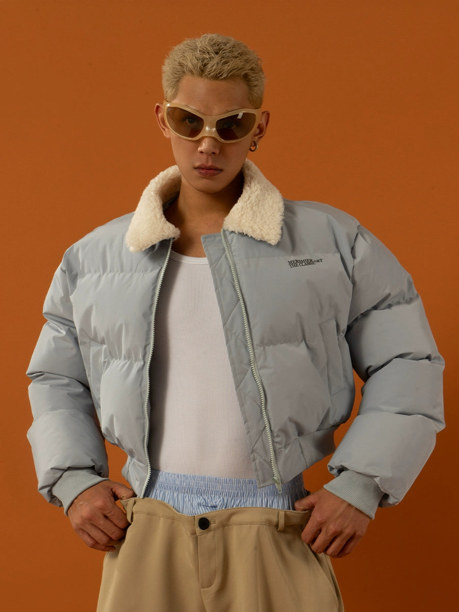 CLP Unisex Short Puffy Jacket with Sherpa Collar-Blue-S-Free Shipping Leatheretro