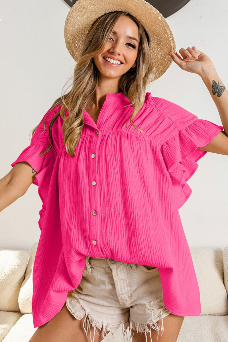 Fashion Stand Collar Ruffled Short Sleeves Shirts-Shirts & Tops-Rose Red-S-Free Shipping Leatheretro