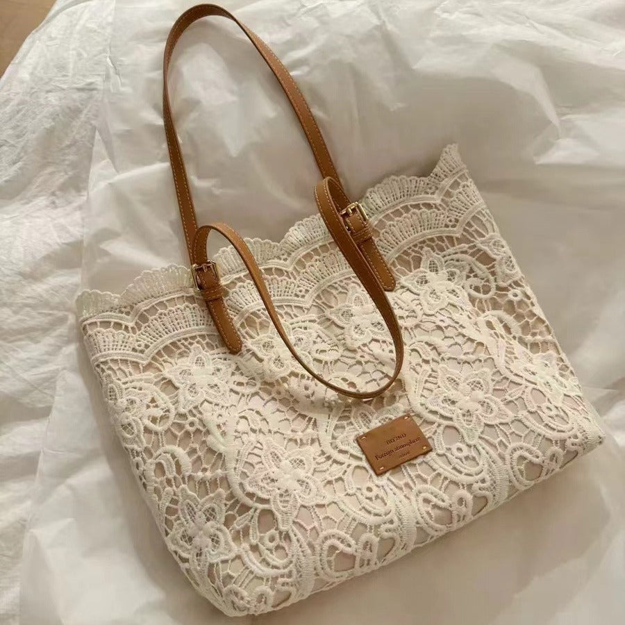 Women's Summer Beach Tote Bag – Large Capacity French Boho Lace Shoulder Bag-米白色-Free Shipping Leatheretro