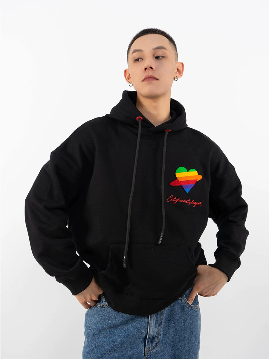 CLP Unisex Rainbow Heart Loose Fit Hoodie-Black-S-Free Shipping Leatheretro