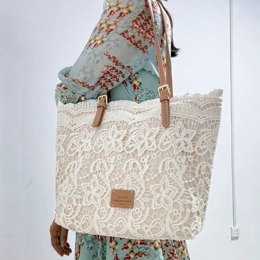 Women's Summer Beach Tote Bag – Large Capacity French Boho Lace Shoulder Bag-米白色-Free Shipping Leatheretro