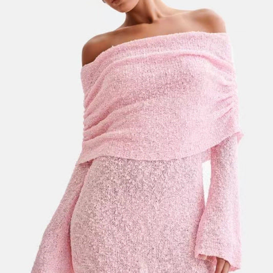 Sexy Off The Shoulder Long Sleeves Mini Dresses-Dresses-Pink-S-Free Shipping Leatheretro