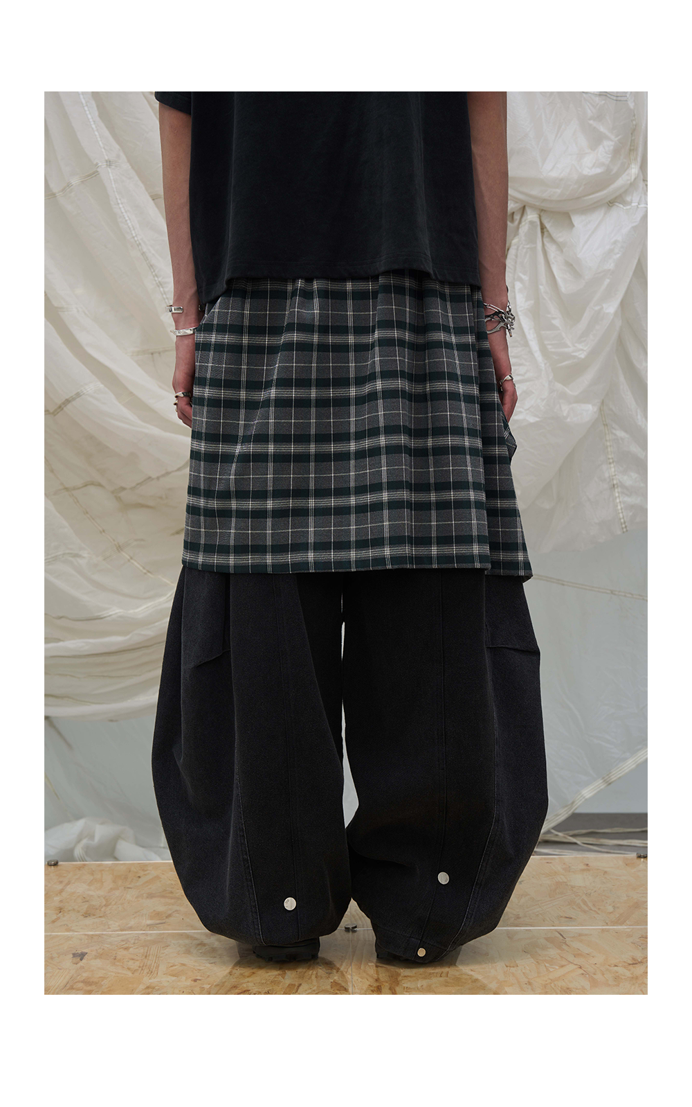 RELABEL Detachable Checkered Flap Distressed Wide-Leg Jeans-Black-XS-Free Shipping Leatheretro