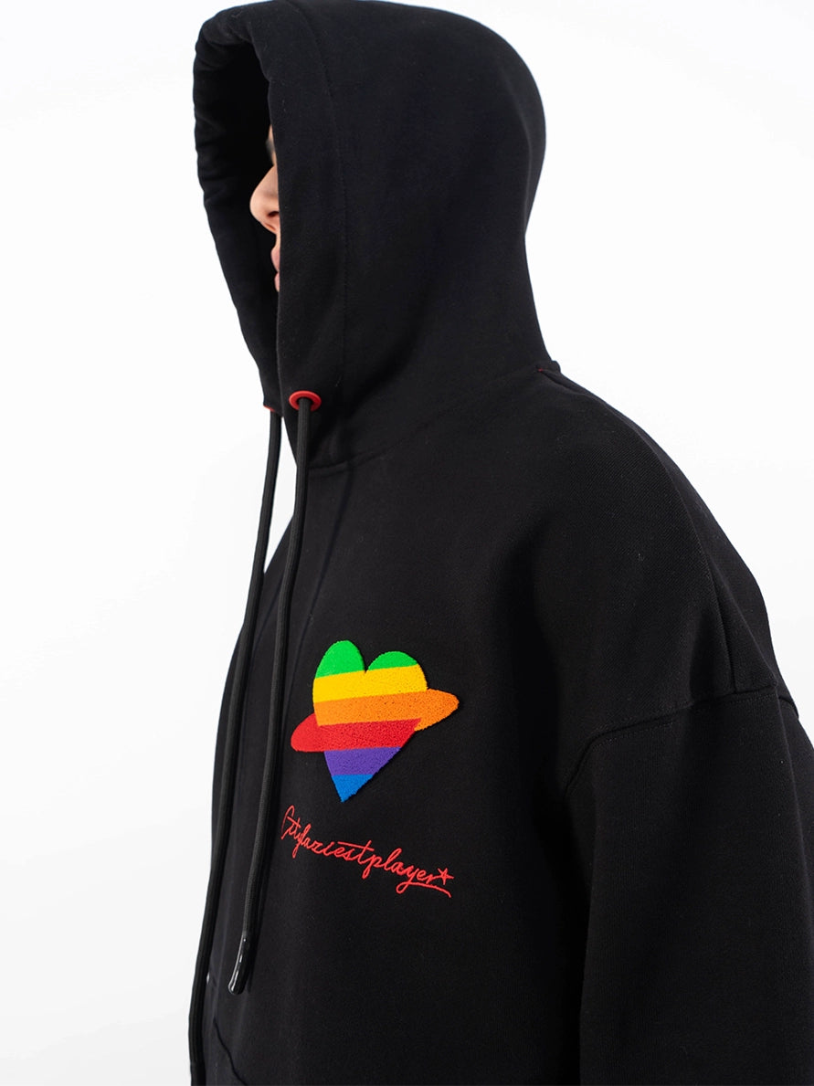 CLP Unisex Rainbow Heart Loose Fit Hoodie-Black-S-Free Shipping Leatheretro