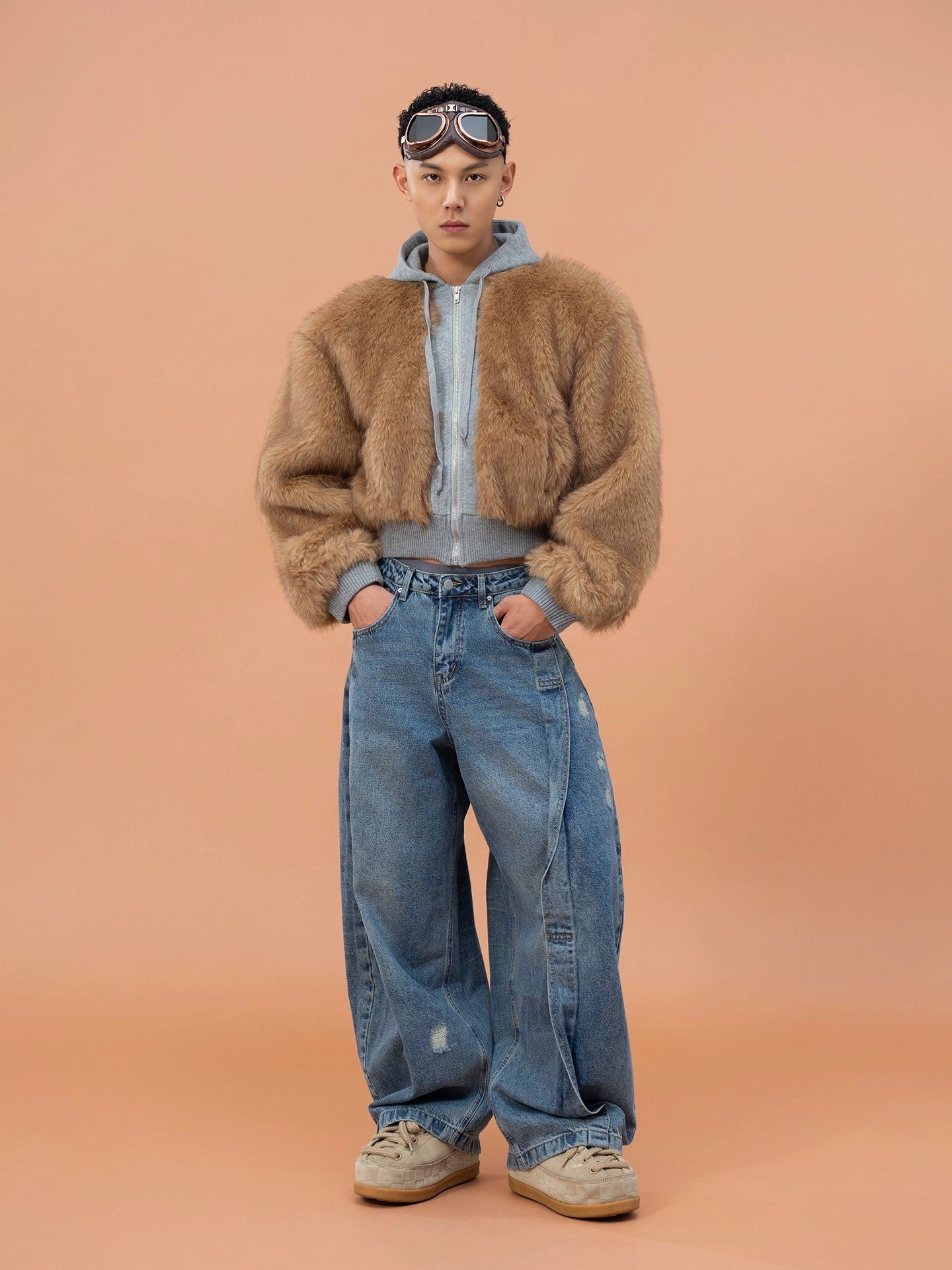 CLP Unisex Cropped Faux Fur Hoodie - Taupe Brown Zip-Up Coat-Brown-S-Free Shipping Leatheretro