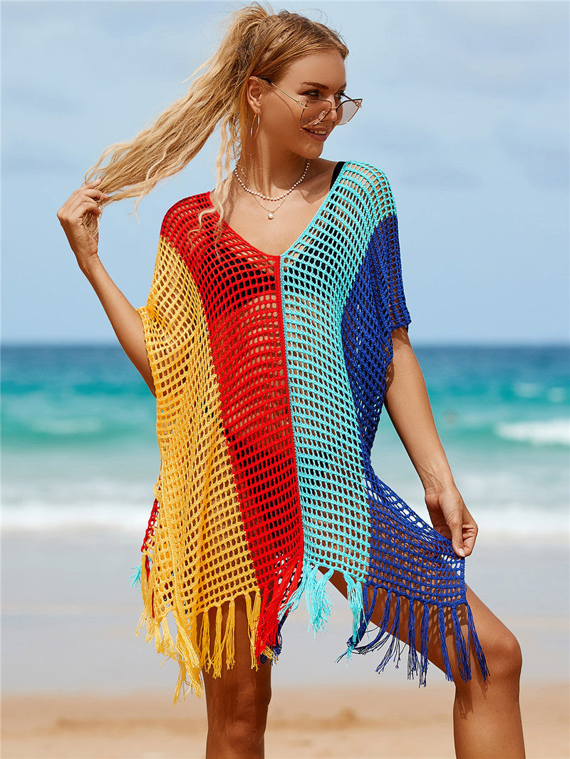 Colorful Knitting Crochet Tassels Swimwear Cover Ups for Women-L-One Size-Free Shipping Leatheretro