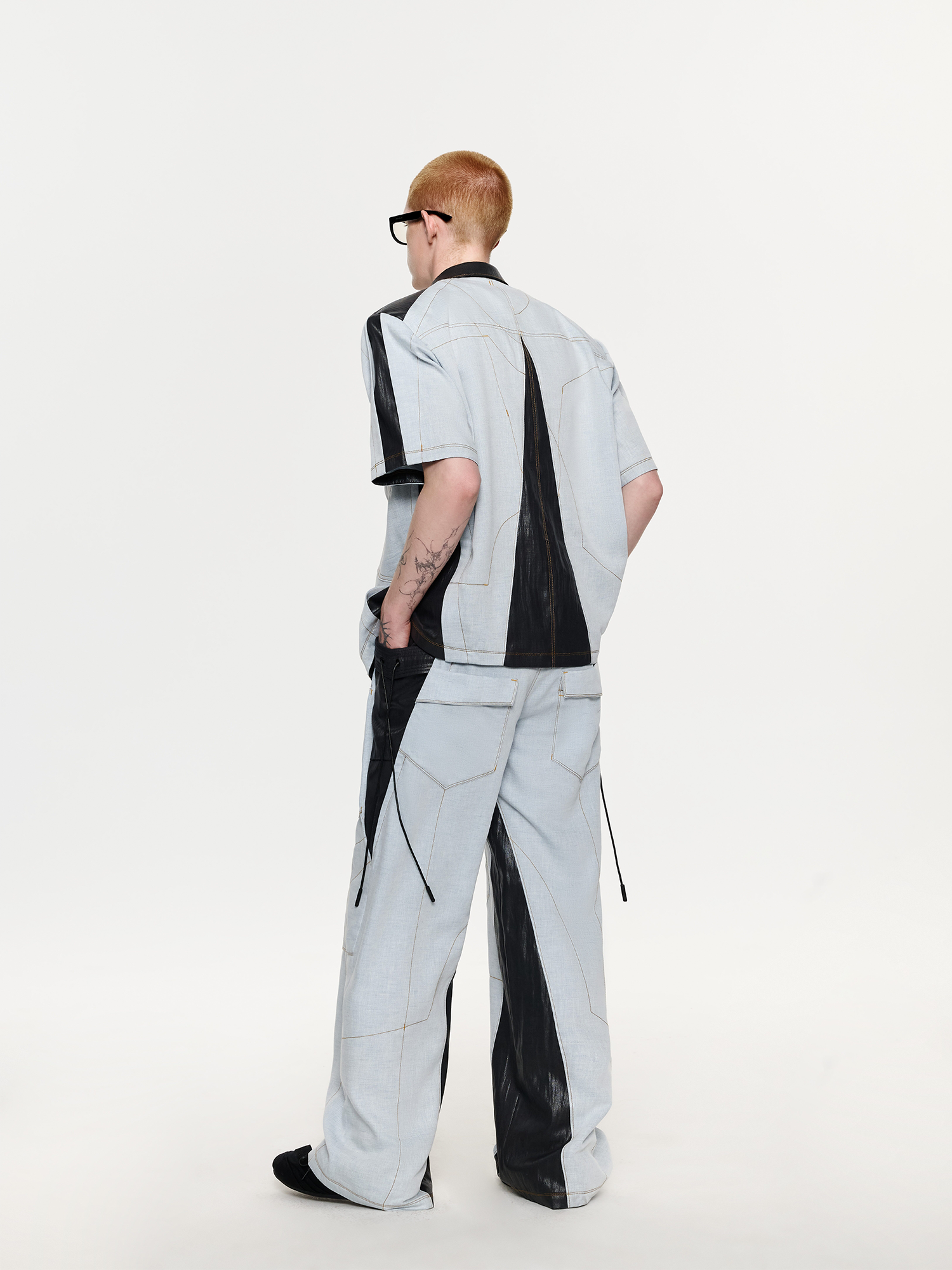 TIWILLTANG Contrast Stitch Paneled Wide-Leg Pants-Pants-S / 28-31”-Blue-Free Shipping Leatheretro