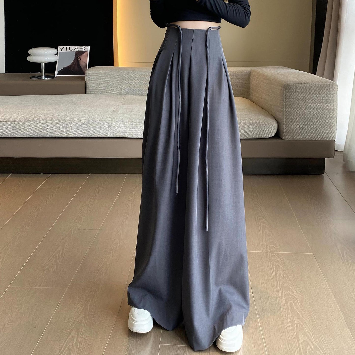 Designed High Waist Wide Legs Straight Pants-Pants-Gray-S-Free Shipping Leatheretro