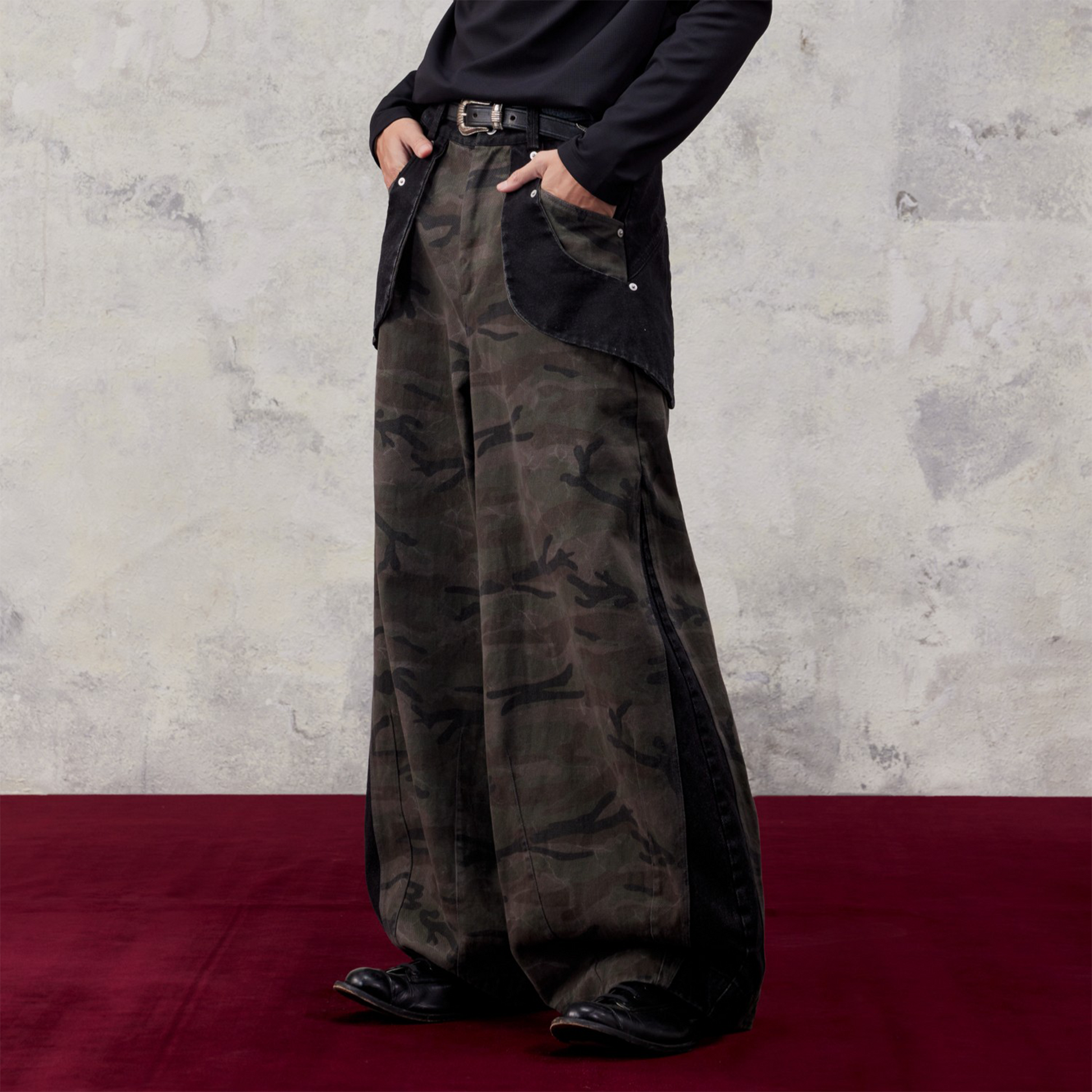 ALVNG AR ANTS Washed Camo Paneled Oversized Lantern Pants-Pants-XS-Free Shipping Leatheretro