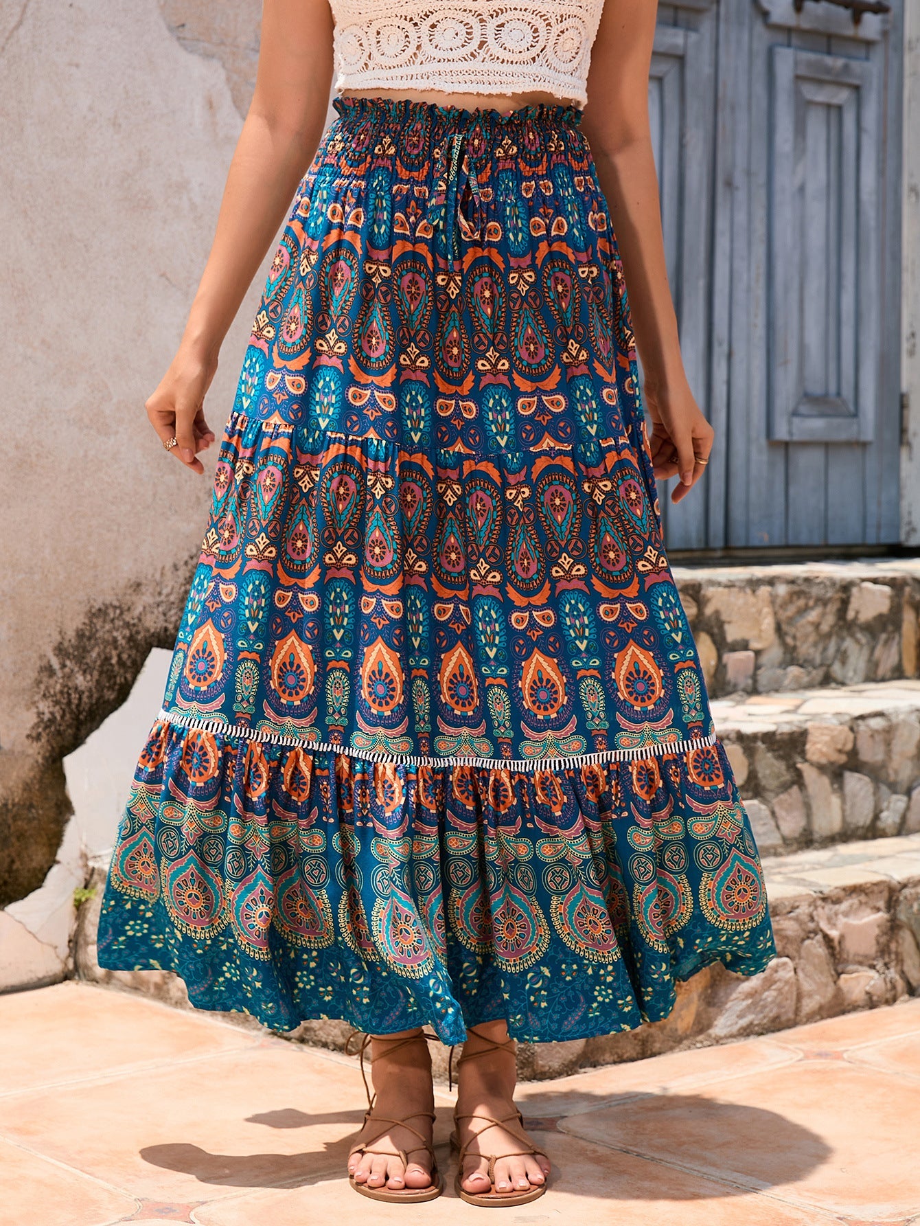 Bohemian Exotic Women Midi Skirts-Skirts-Peacock Blue-S-Free Shipping Leatheretro