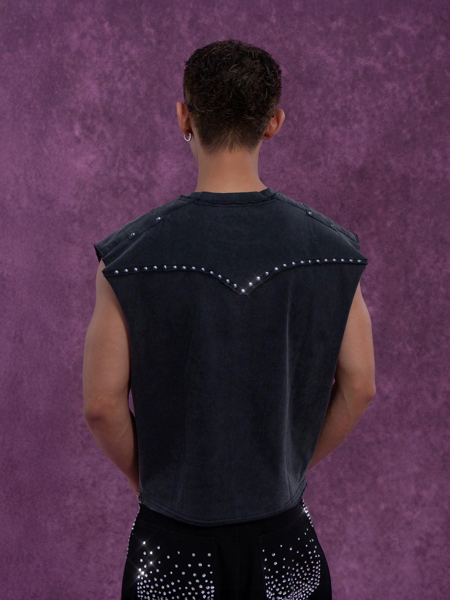 CLP Men's Grey Distressed Sleeveless Vest with Studs and Print - Streetwear Style-Gray-S-Free Shipping Leatheretro