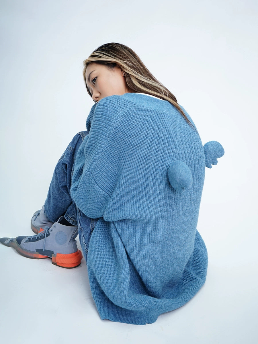 CLP Unisex Wing Design Oversized Knit Cardigan-Blue-Short Style-3 Buttons-Free Shipping Leatheretro