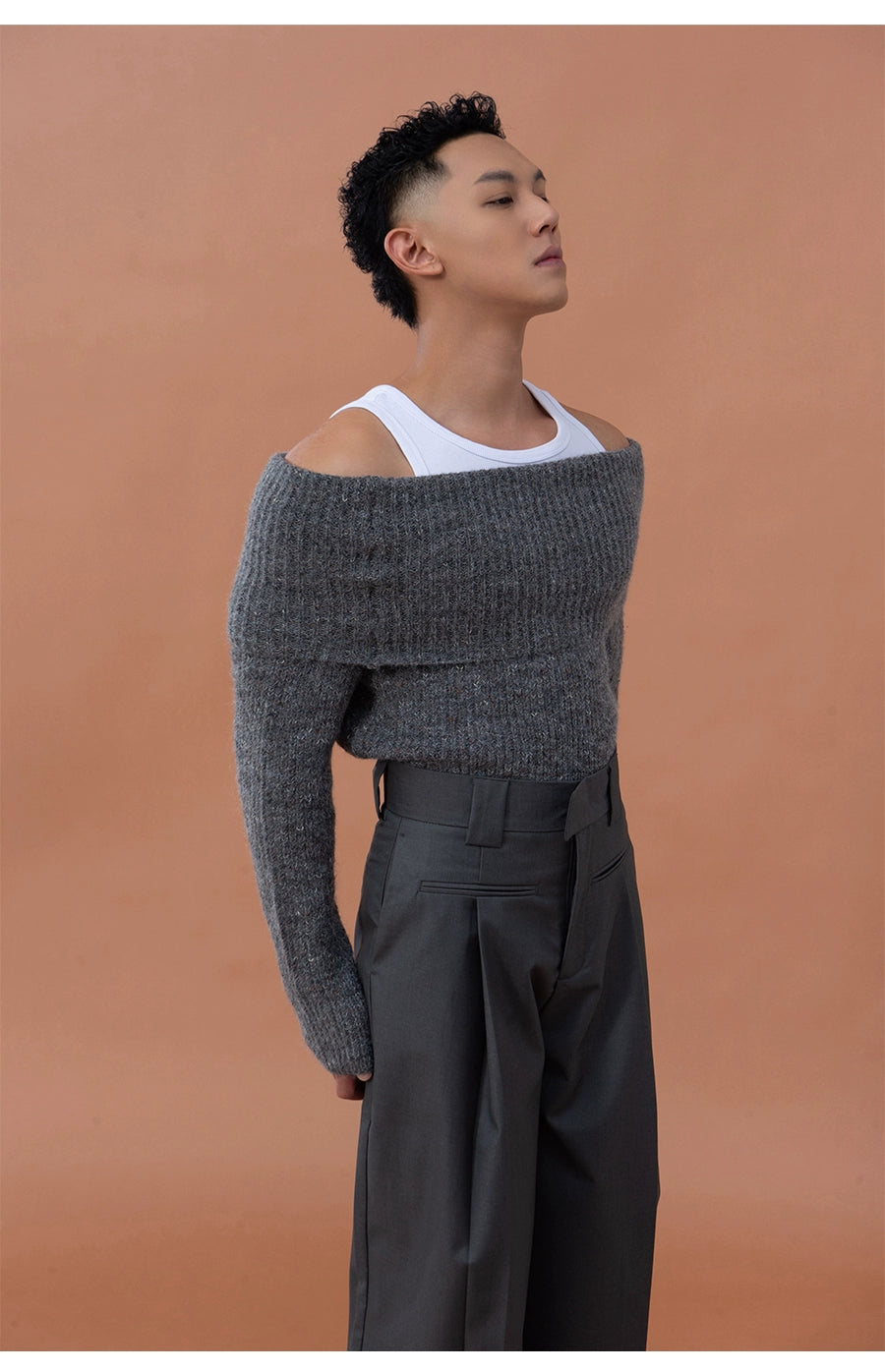 CLP Grey Off-Shoulder Wool Sweater | Relaxed Fit Ribbed Knit-Sweater-Gray-S-Free Shipping Leatheretro