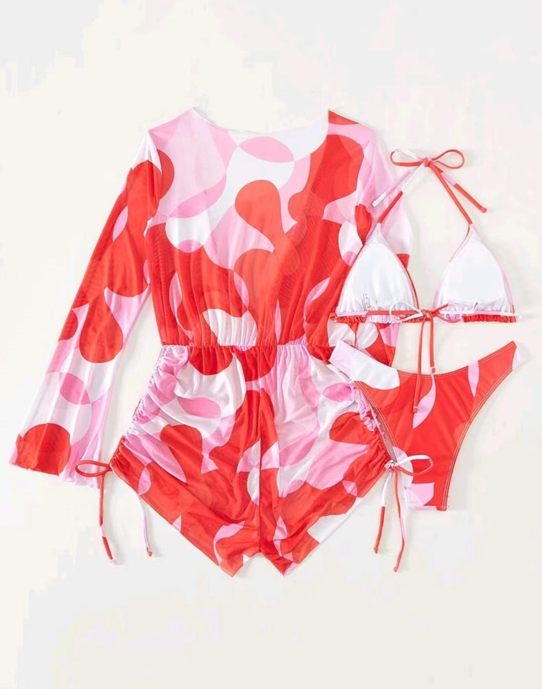 Sexy Long Sleeves Three Pieces Bikini Swimsuits-Swimwear-Red-S-Free Shipping Leatheretro