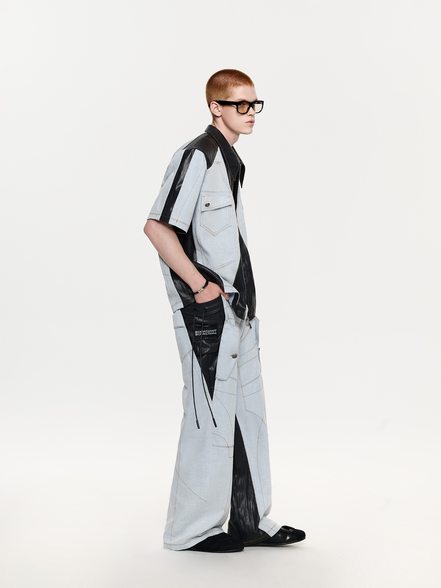 TIWILLTANG Contrast Stitch Paneled Zip-Up Half Shirt-Half shirt-S-Blue-Free Shipping Leatheretro