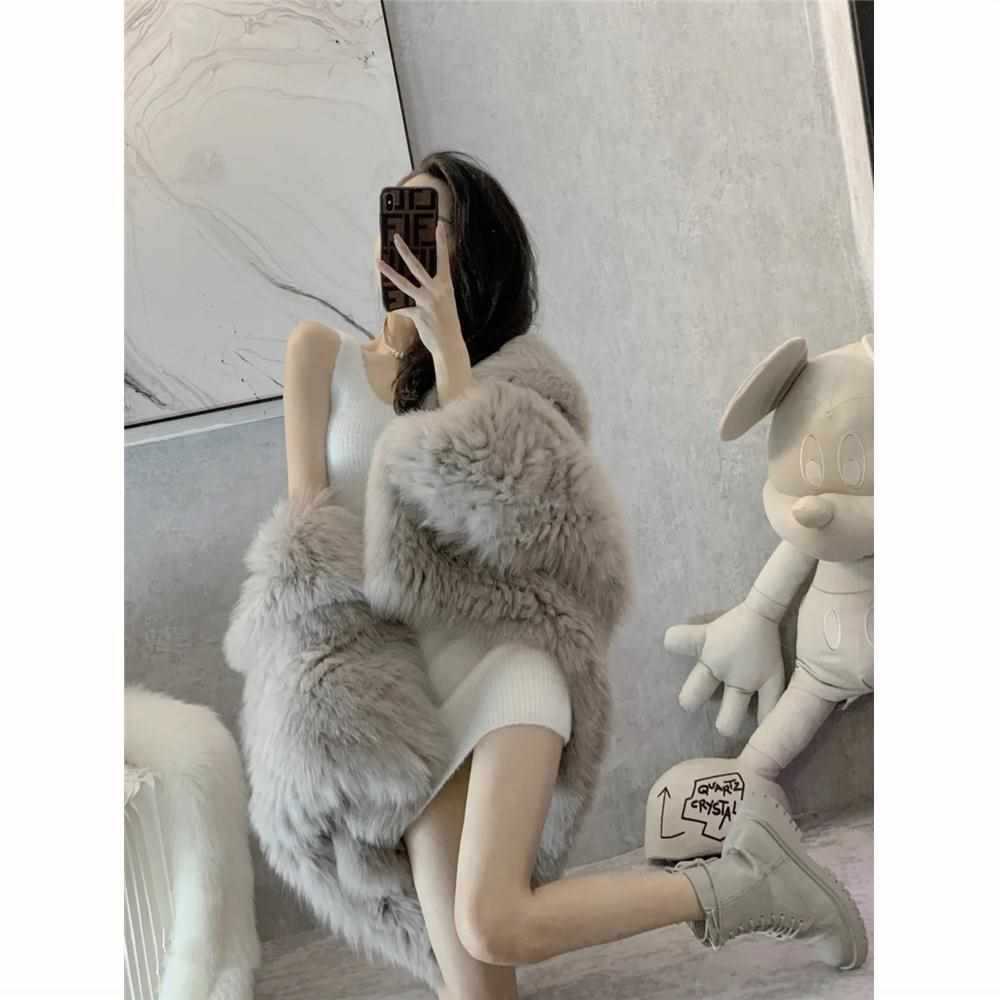 Casual Faux Fox Fur Overcoats for Women-Outerwear-Gray-S-Free Shipping Leatheretro