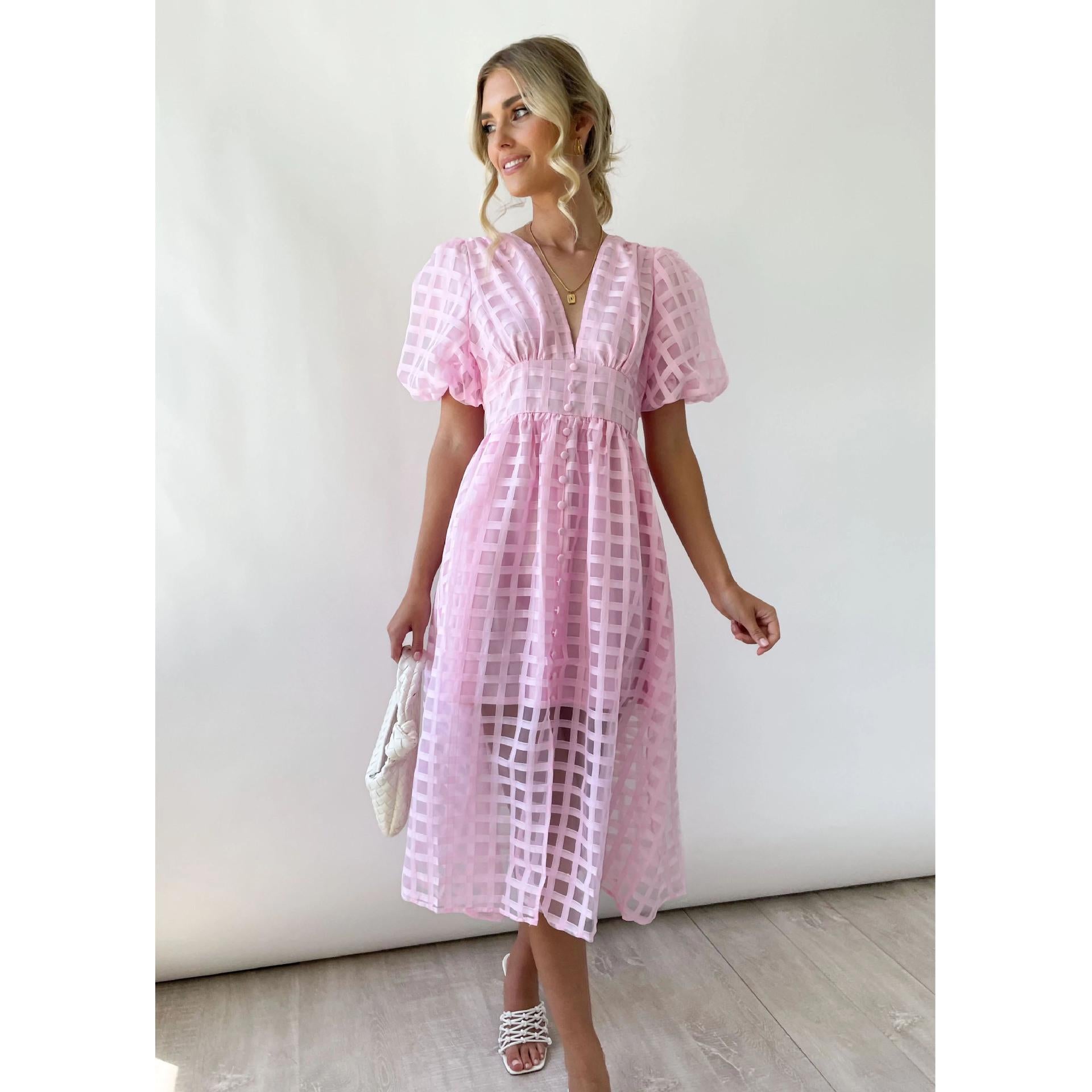 Classic Summer Hollow Design Lantern Sleeves Multi-color Women Dresses-Dresses-884 pink-S-Free Shipping Leatheretro